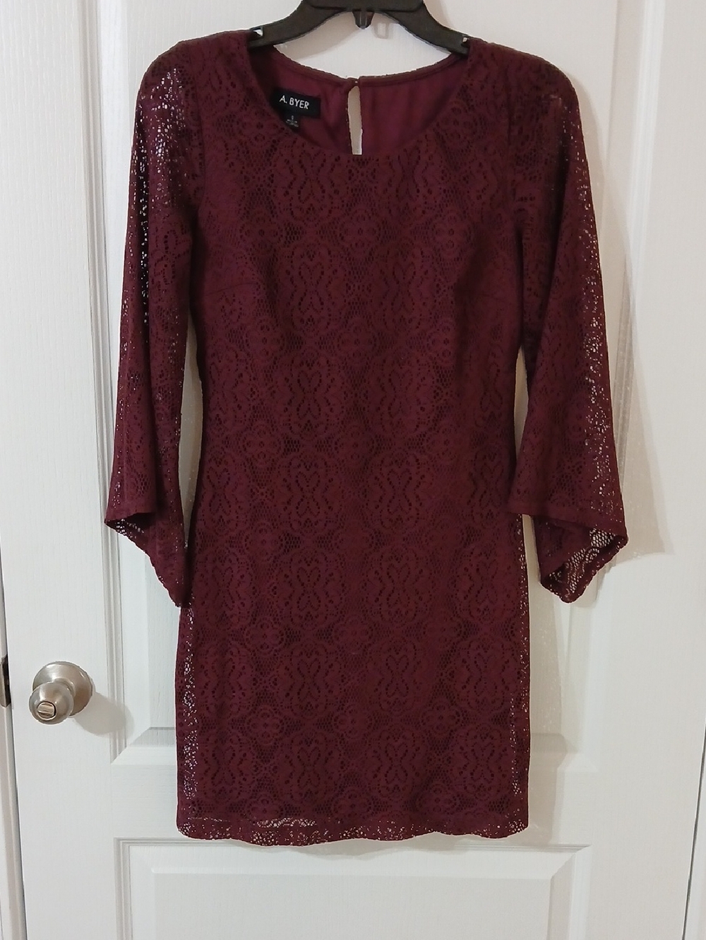 A. Byer PLUM Lace Mini Dress with Three-Quarter Sleeves